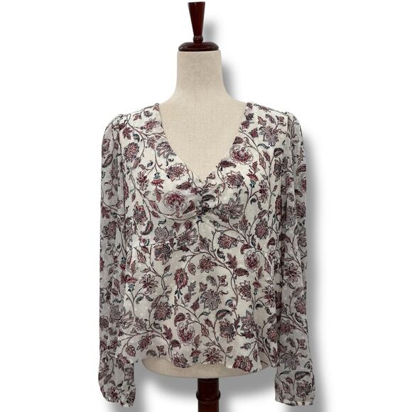BCX White Floral Blouse Size XL Long Sleeve Tie Back V-Neck Ruched Top EUC - Picture 1 of 7